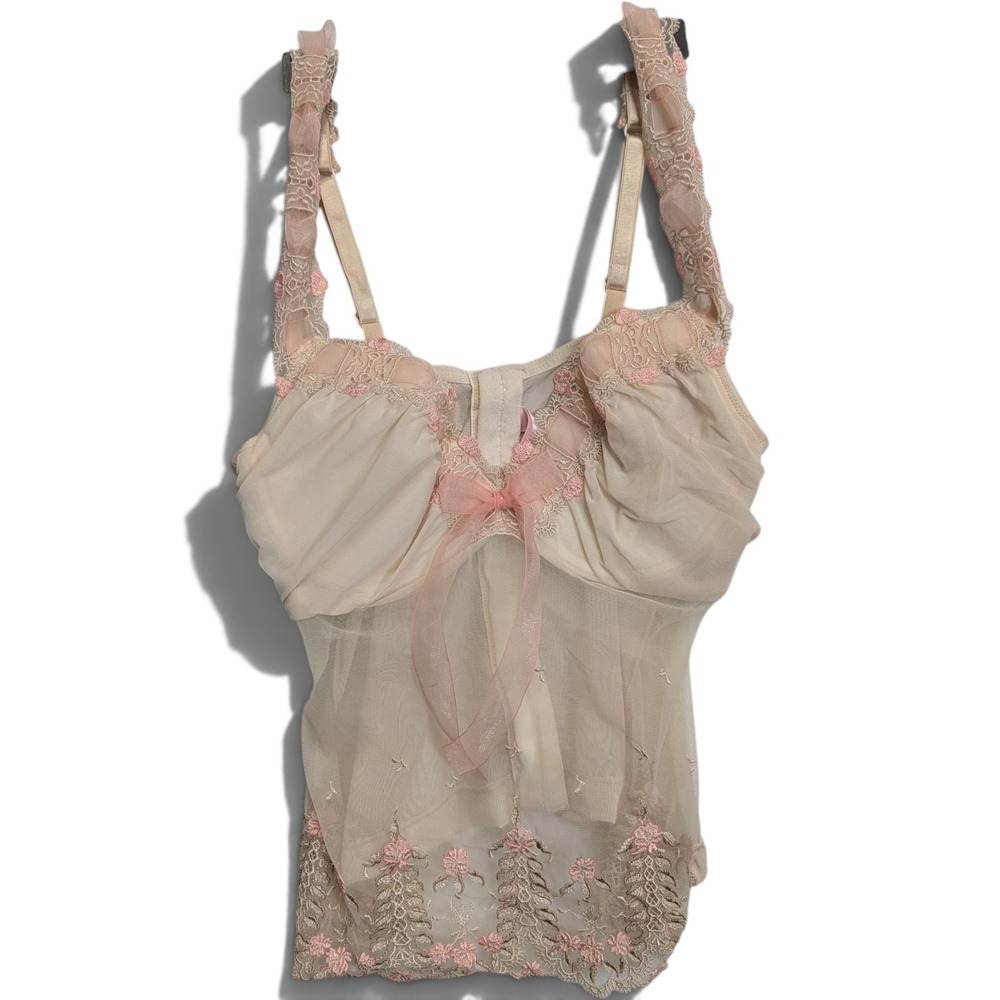 Victorias Secret Women Camisole 34B Vintage Floral Lace Mesh Beige Pink